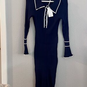 Navy Blue Ribbed Knit Dress with White Trim